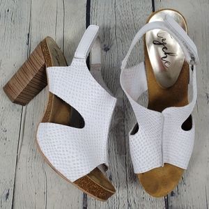 TYCHE | textured leather peep toe cutout slingback heeled sandals